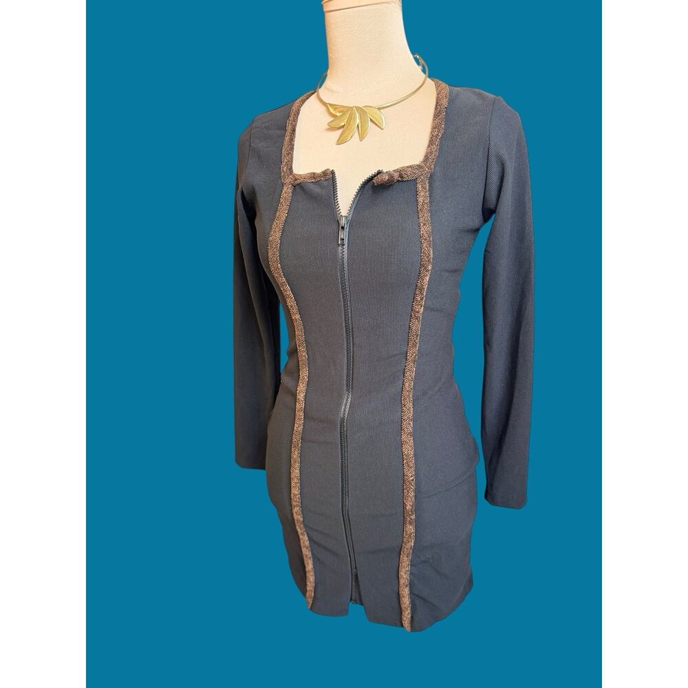 Vintage 90s Body Language Black Mini Dress M Zip Front Brown Trim Y2K Goth USA - Picture 4 of 8